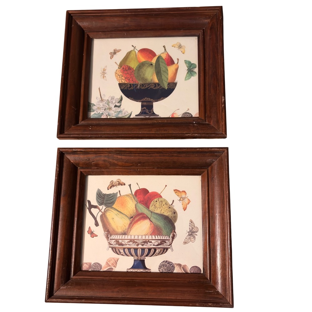 MCM Still Life Fruit Botanical Prints in Dark Wood Frames Set of 2 12.5x10.5 VTG